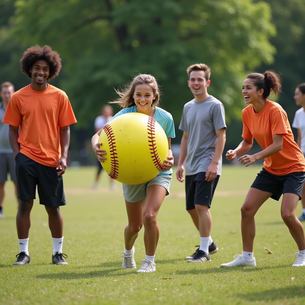 Group of friends laughing and playing giant softball in the park