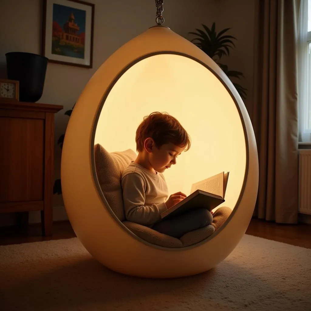 Pod hanging chair transformed into a cozy reading nook for children.