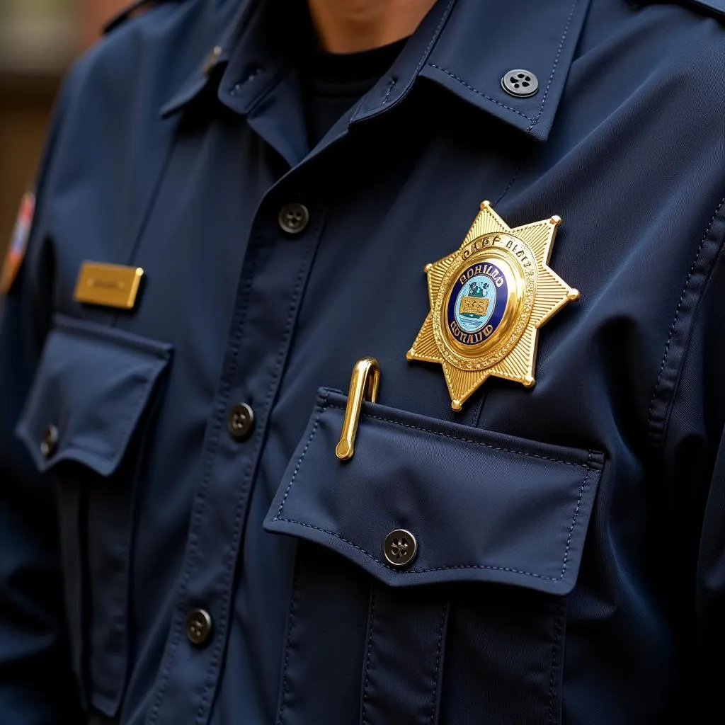 Close-up of a police officer's uniform, focusing on the badge wallet