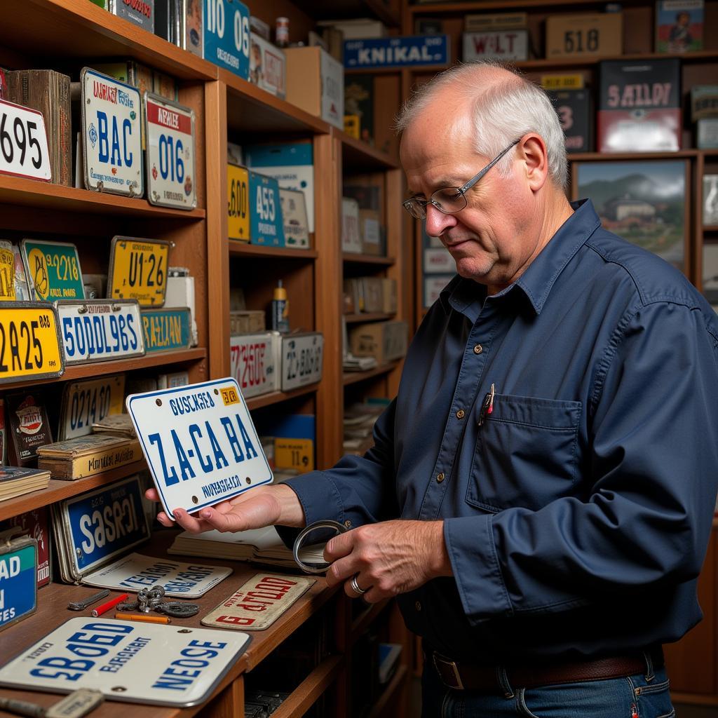 A Pontiac License Plate Collector Examining His Collection