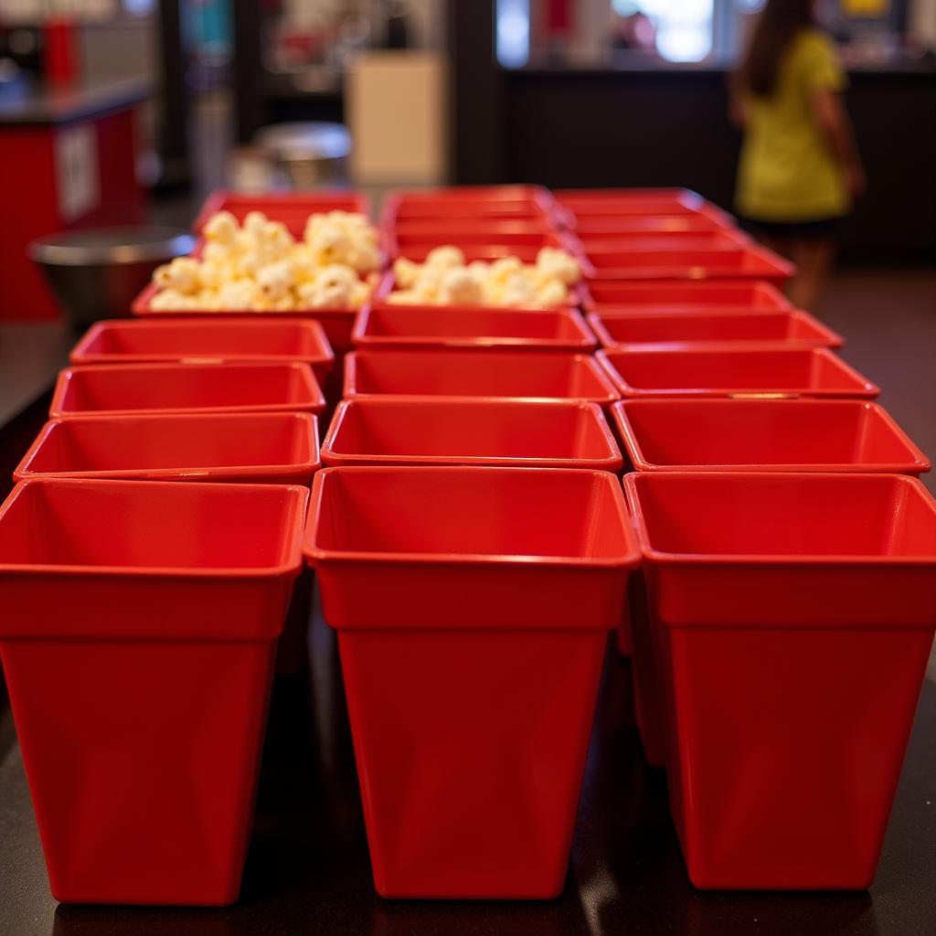 Popcorn vendor trays lined up in a cinema