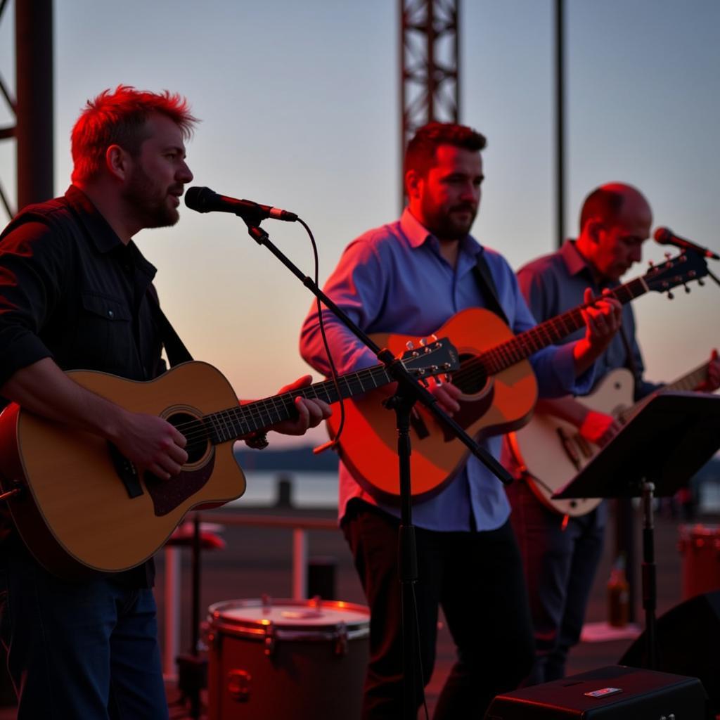 A band performing on stage at the Port Angeles Concerts on the Pier event 