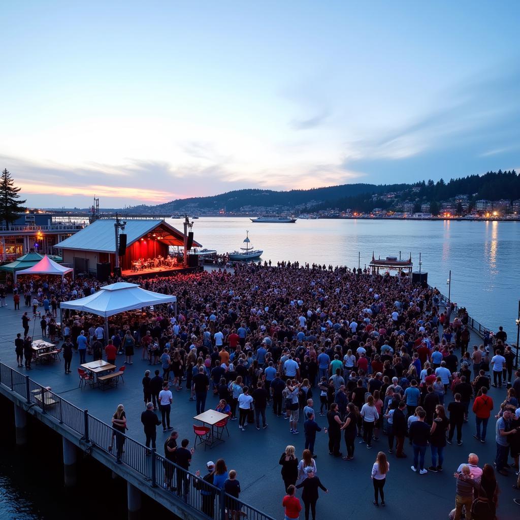 Lively crowd enjoying live music at the Port Angeles Concerts on the Pier event