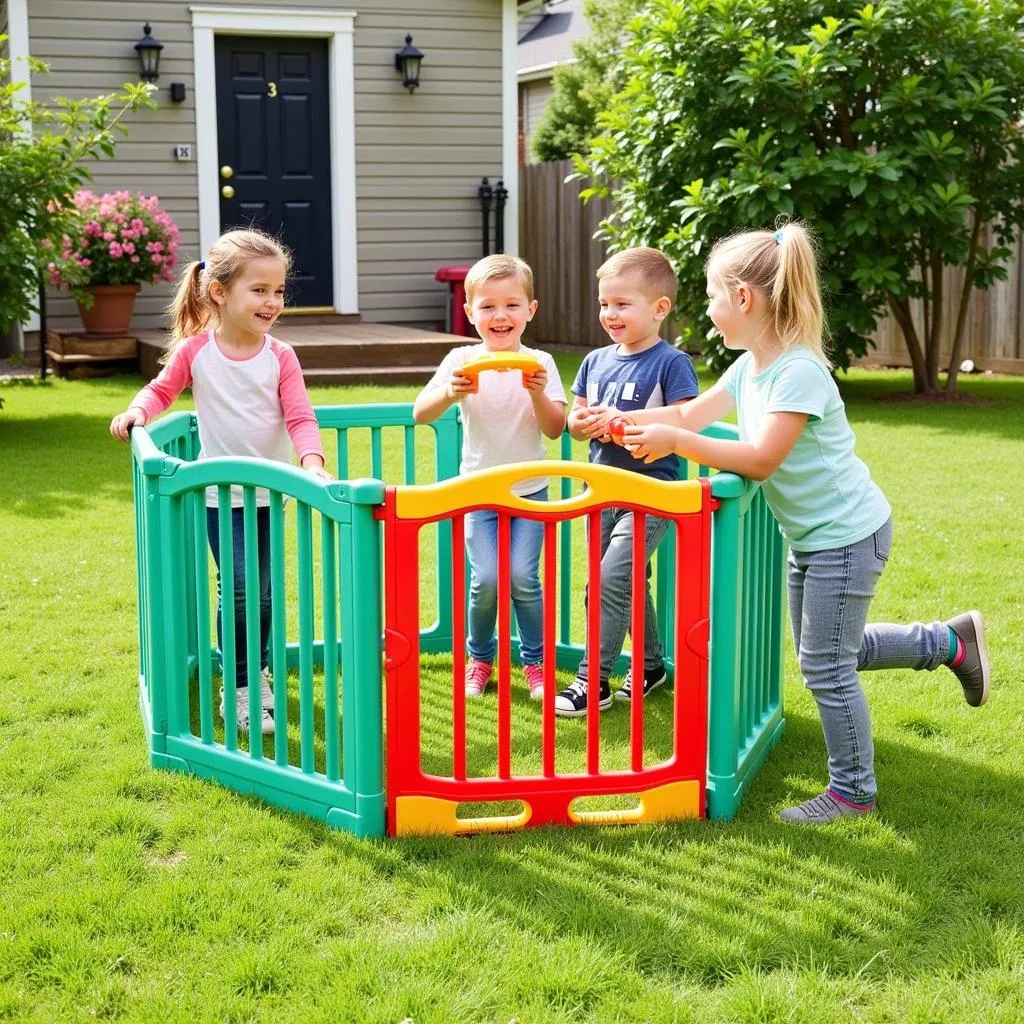 Children Playing Safely Behind a Portable Gate in a Backyard