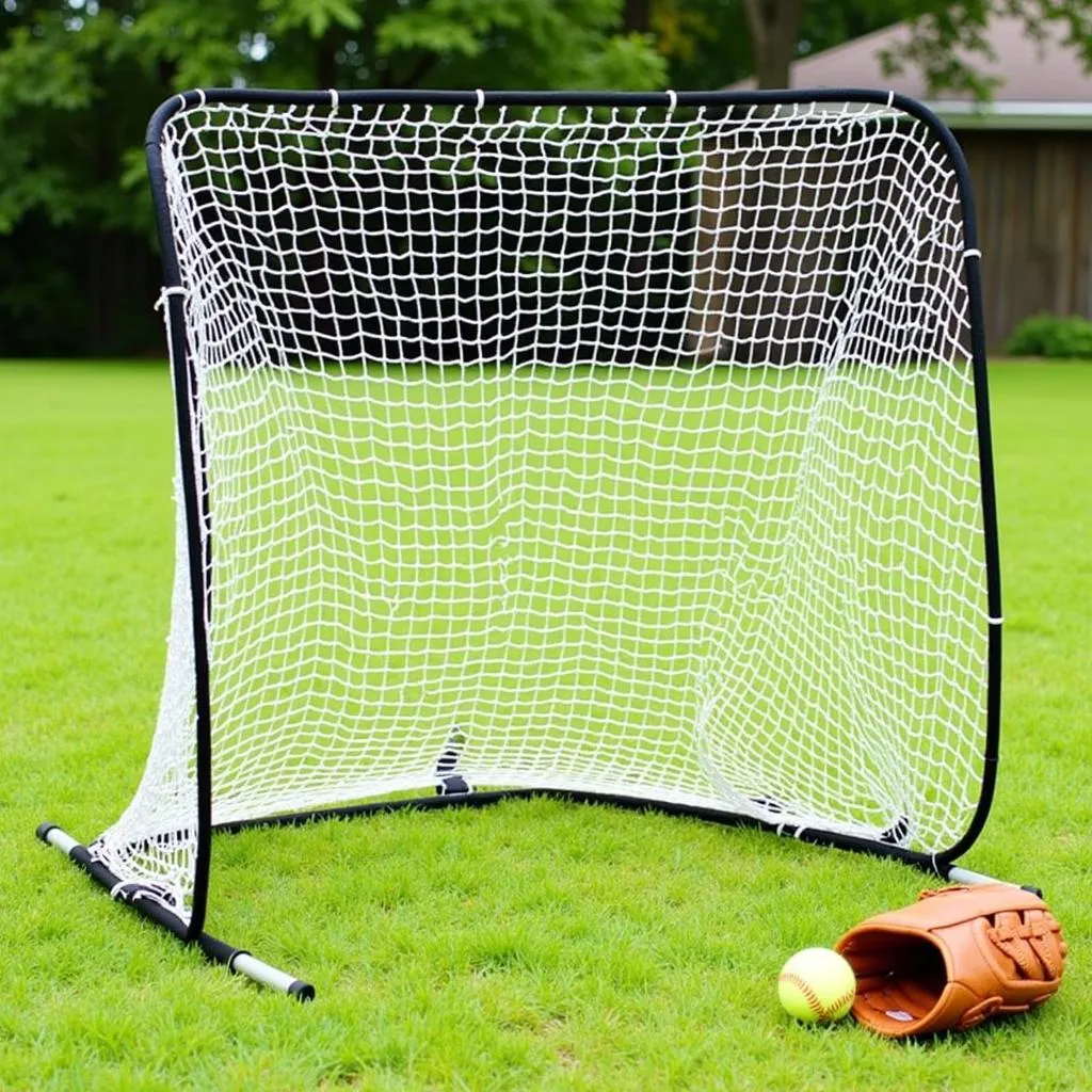 Portable softball pitching net set up in a backyard setting for individual practice