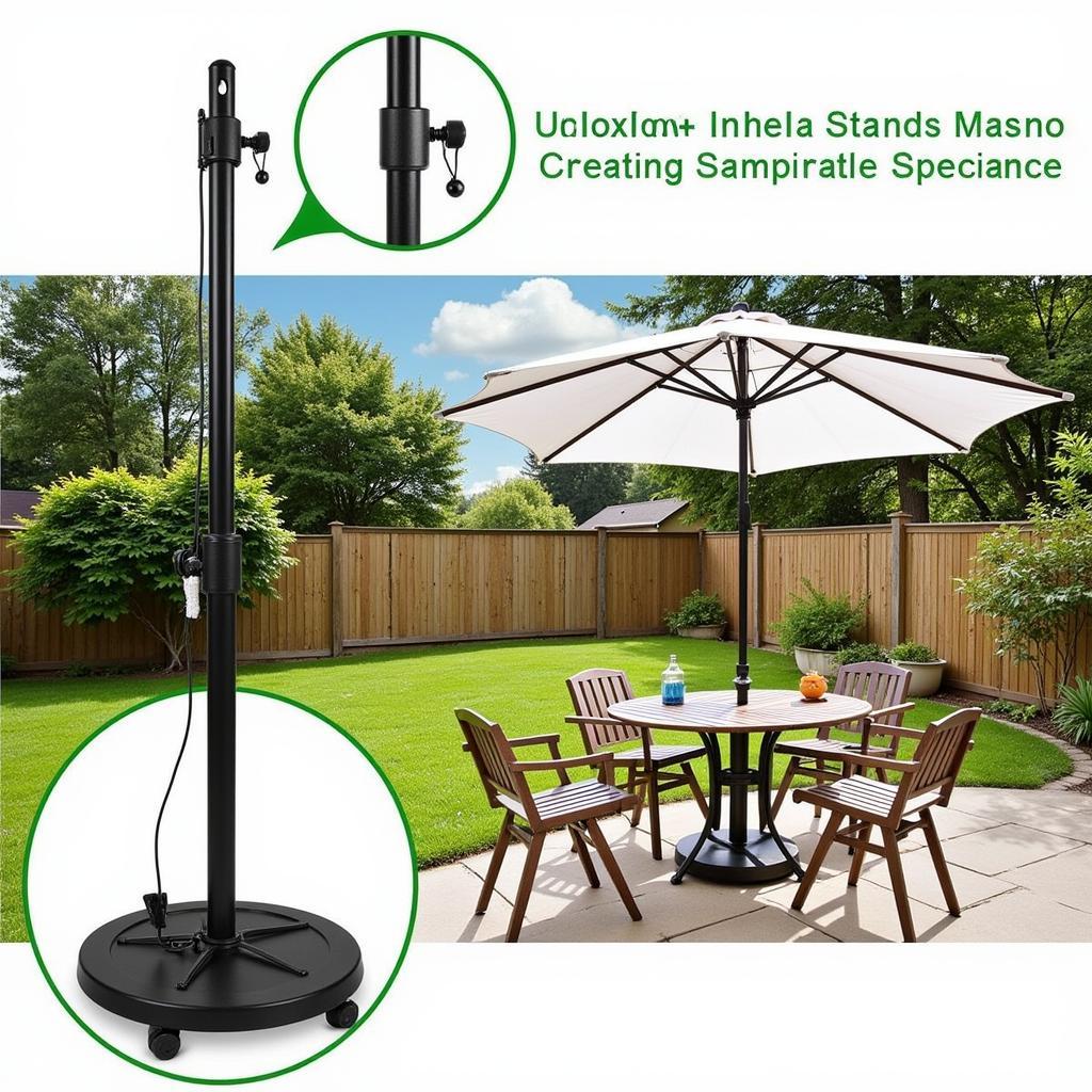 A portable umbrella stand with wheels set up in a backyard, providing shade for a patio table.