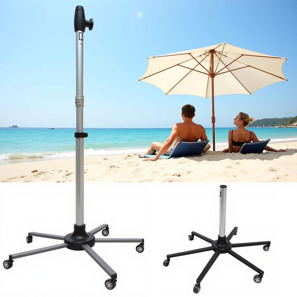 A portable umbrella stand with wheels set up on the beach providing shade for two people