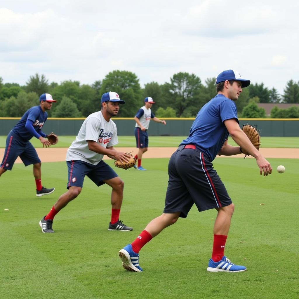 Baseball players practicing position-specific drills