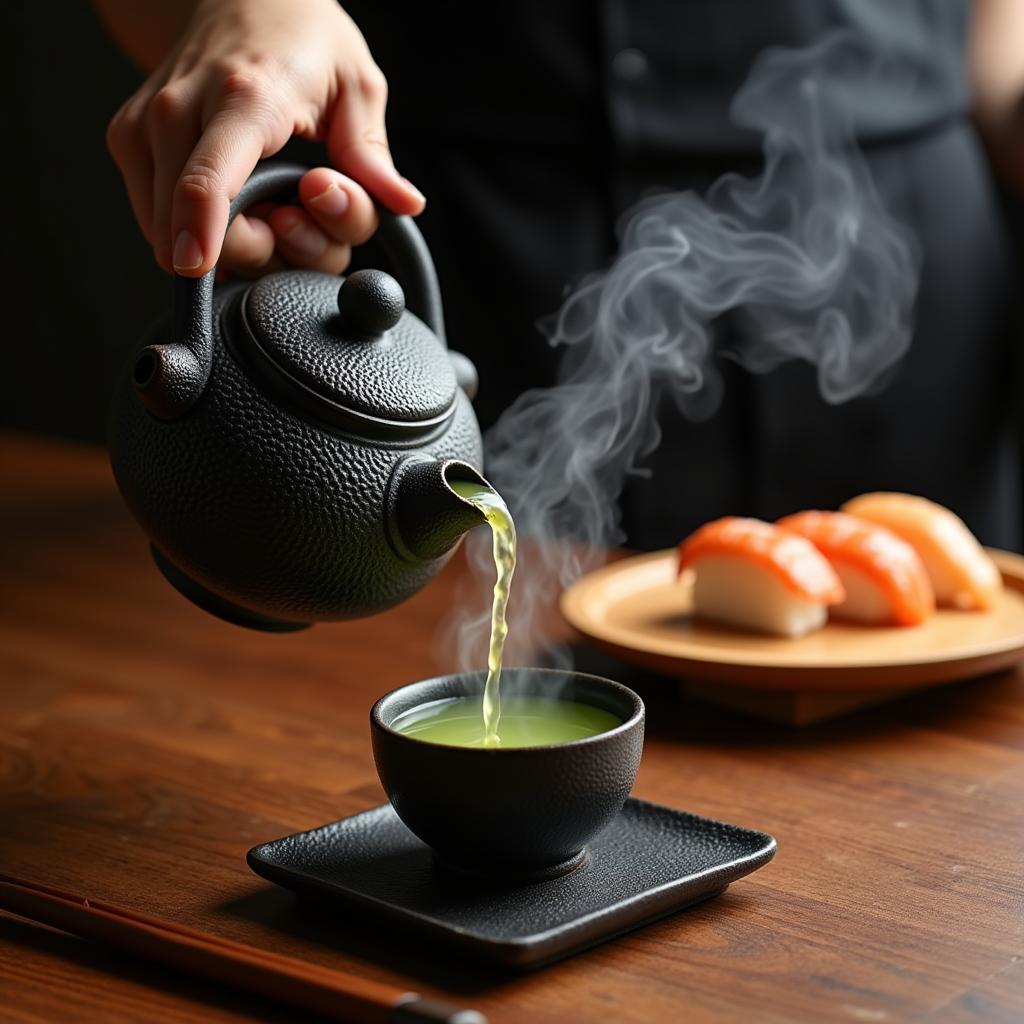 Pouring Green Tea During Sushi Meal