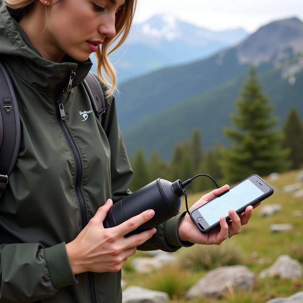 Using a power bank flask to charge a smartphone during a hike