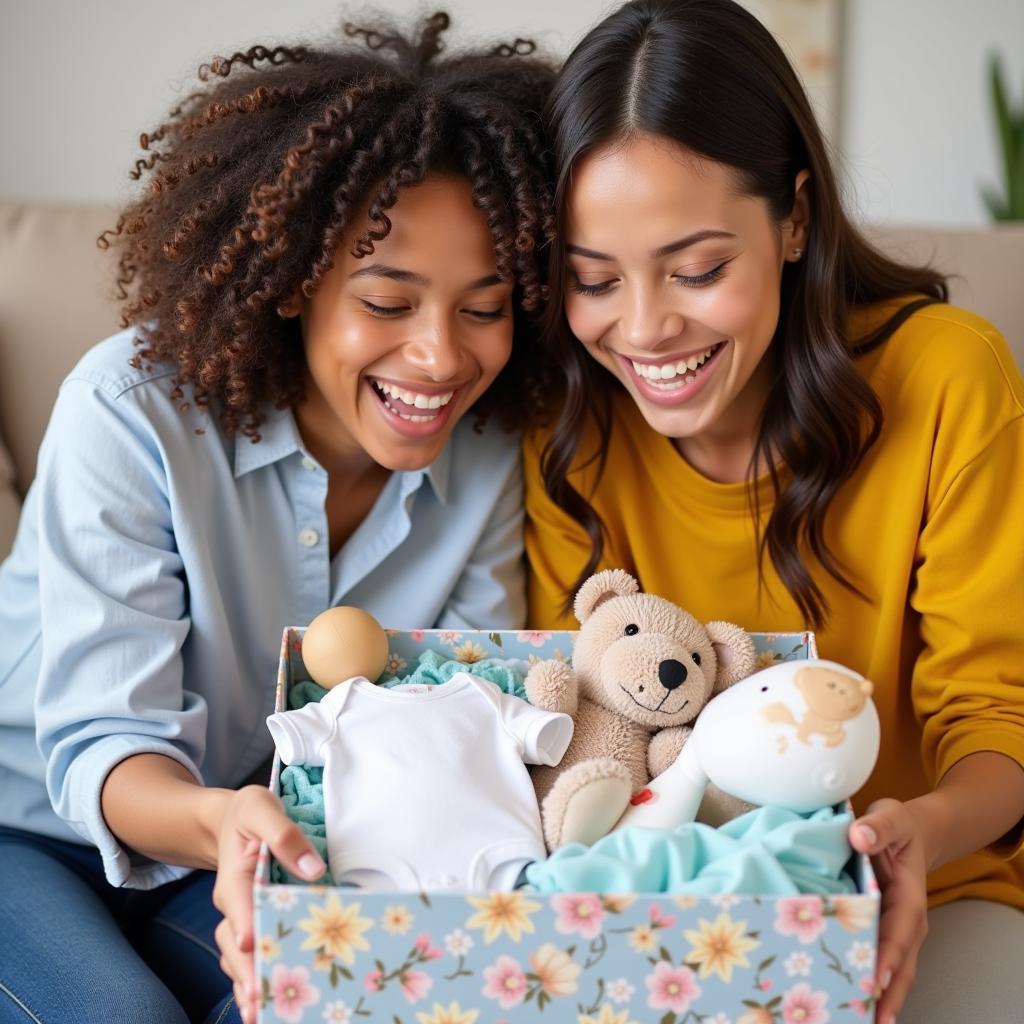 Couple opening a pregnancy announcement gift box