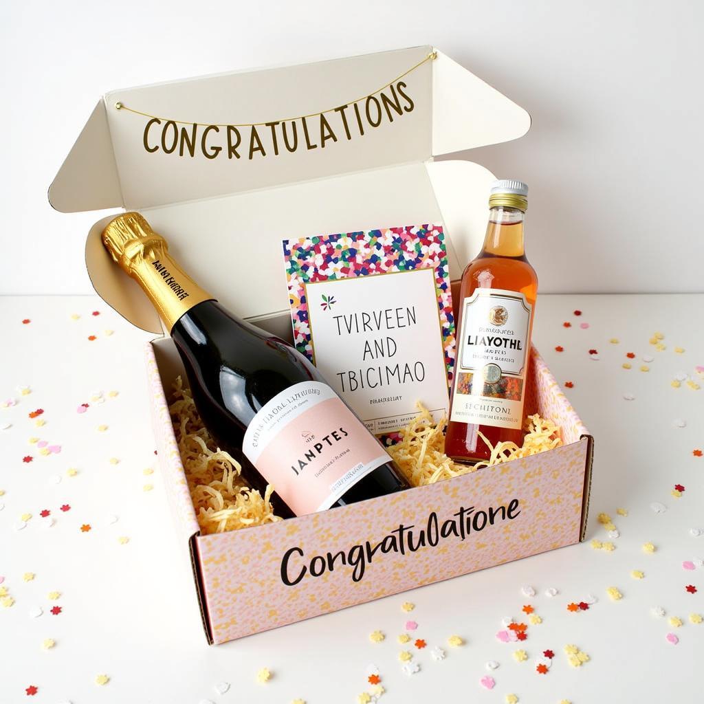 Pregnancy announcement gift box with celebratory items like a "Congratulations" banner and confetti