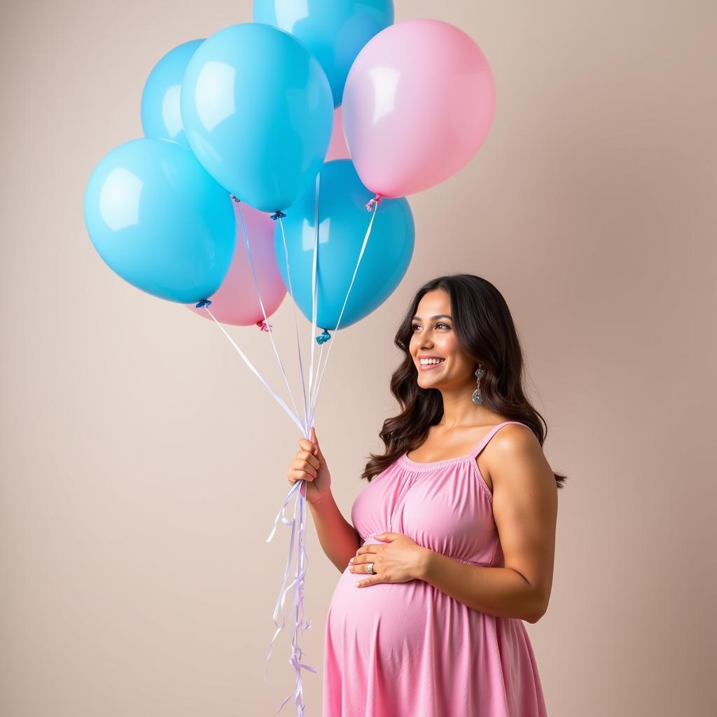 Pregnant Woman in Pink Dress with Blue and Pink Balloons