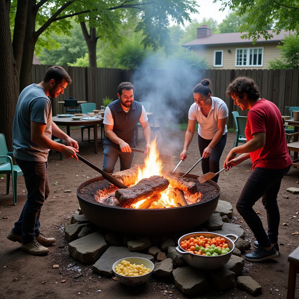 Preparing a bull roast at home with friends and family.