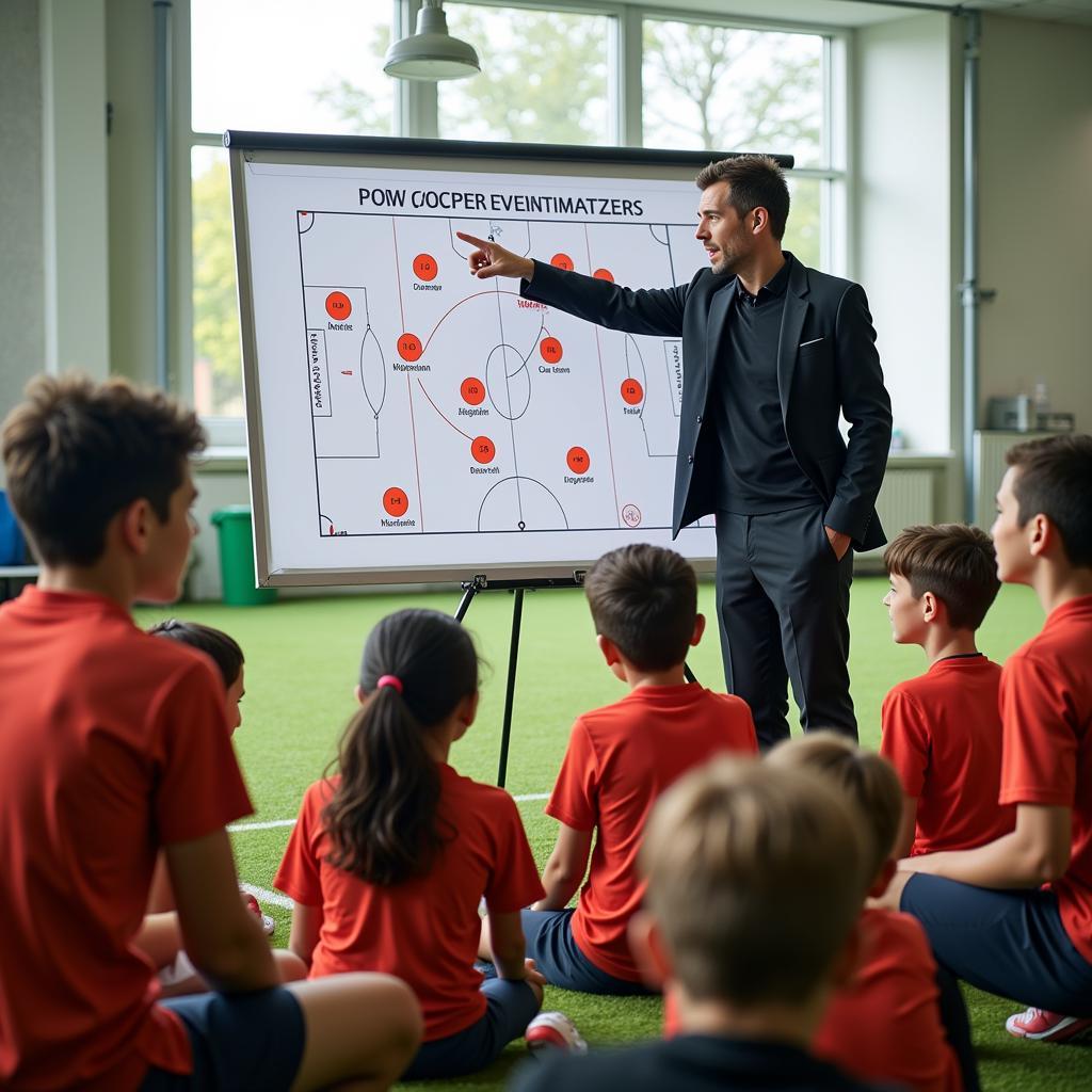 Soccer coach discussing game plan with team