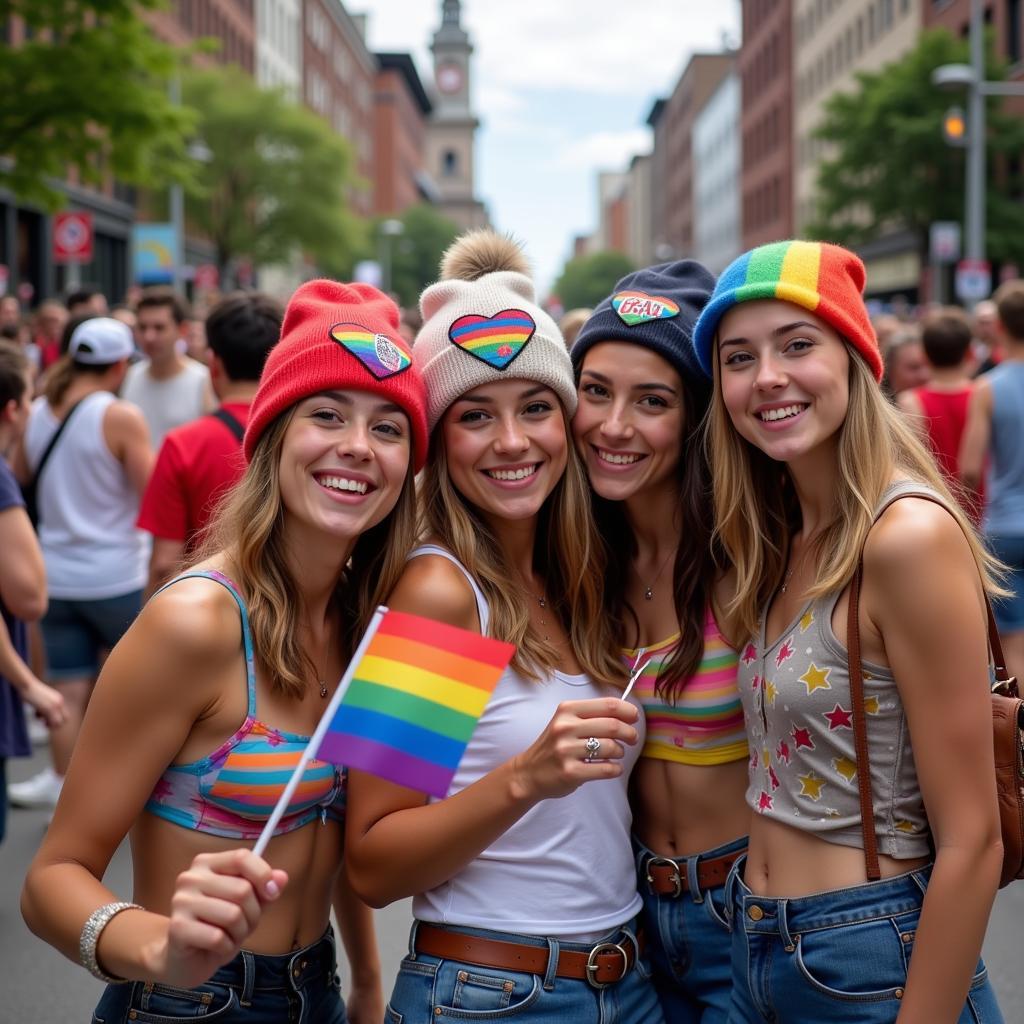 People Wearing Pride Beanies at a Parade