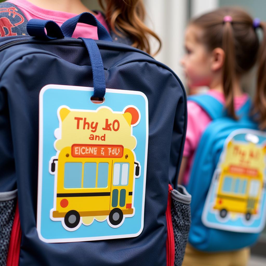 Printable bus tags attached to children's backpacks