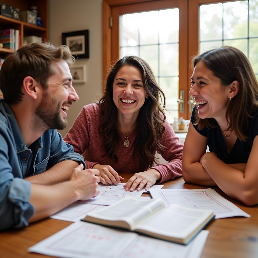 Group of adults enjoying Bible study with printable Christian games