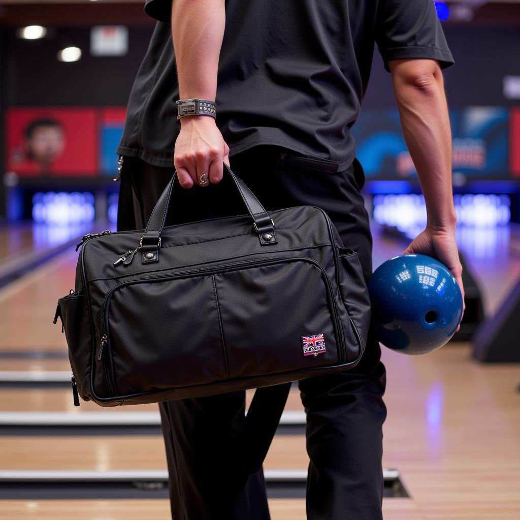 A professional bowler using their 2-ball bowling bag storm at a tournament, highlighting its practicality