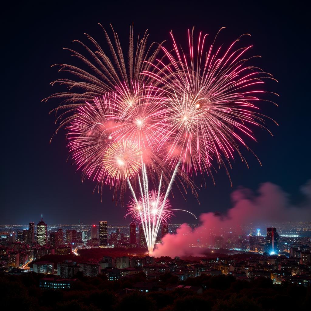 Professional fireworks display over a city skyline