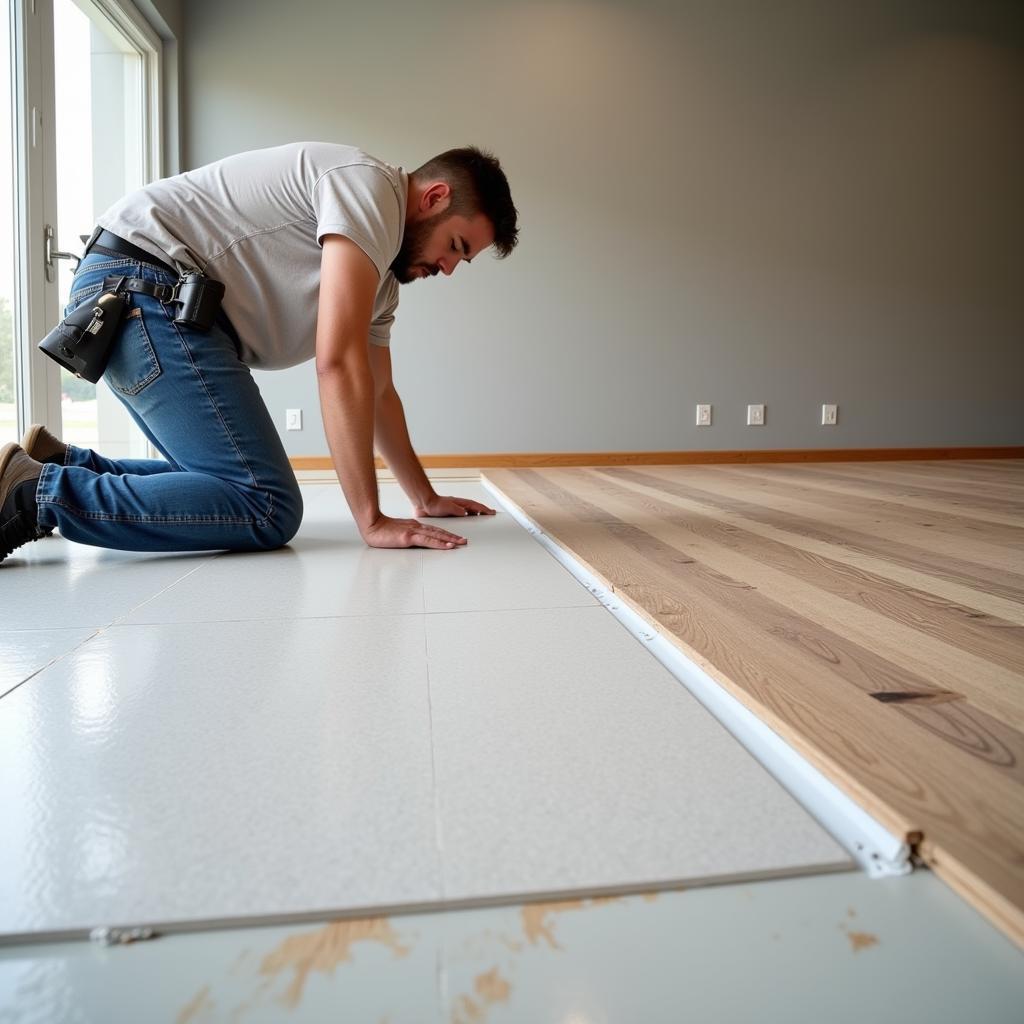 Professional installing softball vinyl flooring