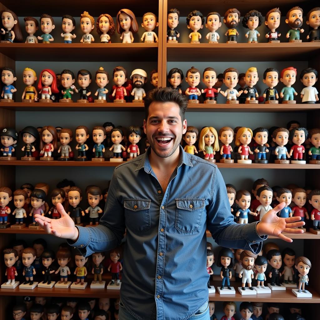 A collector proudly displaying their bobblehead collection