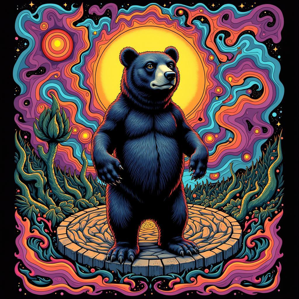 A Grateful Dead poster featuring a psychedelic bear design