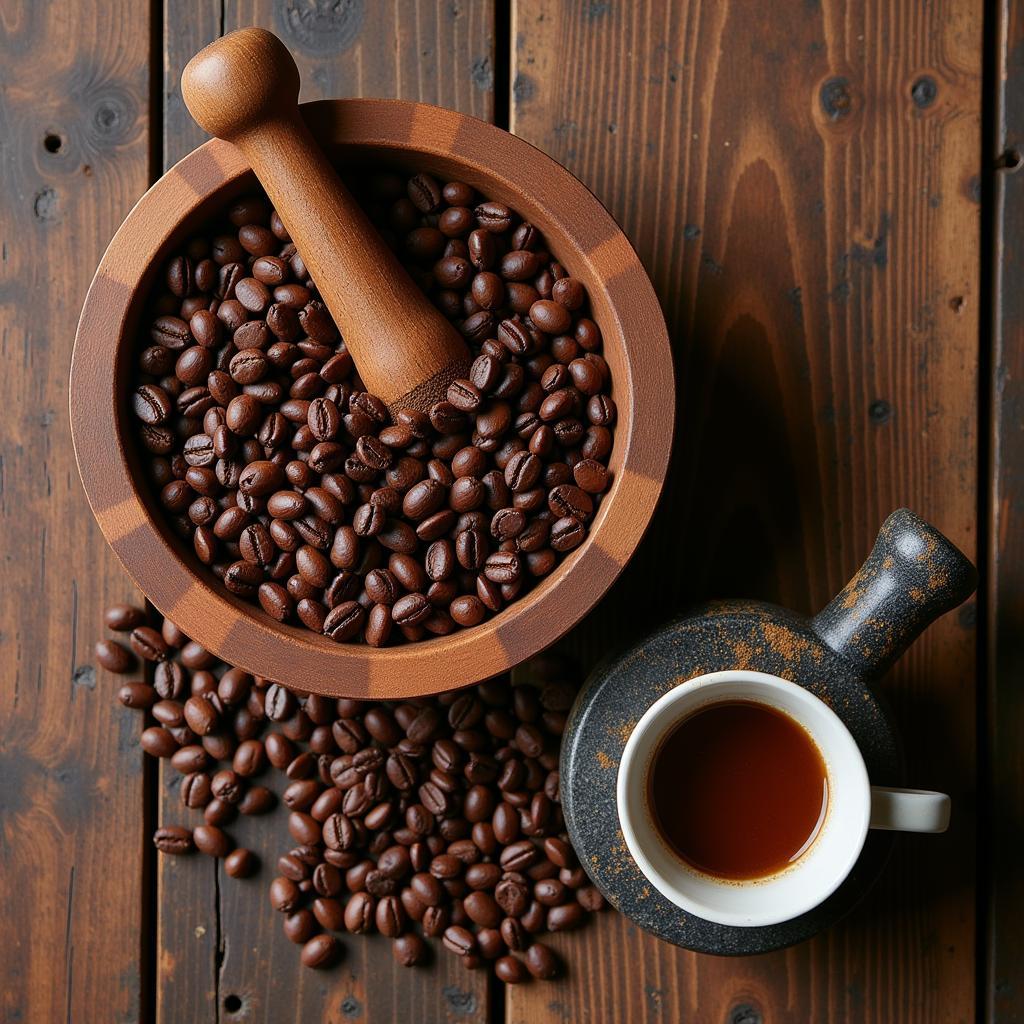 Puerto Rican coffee beans and mortar & pestle