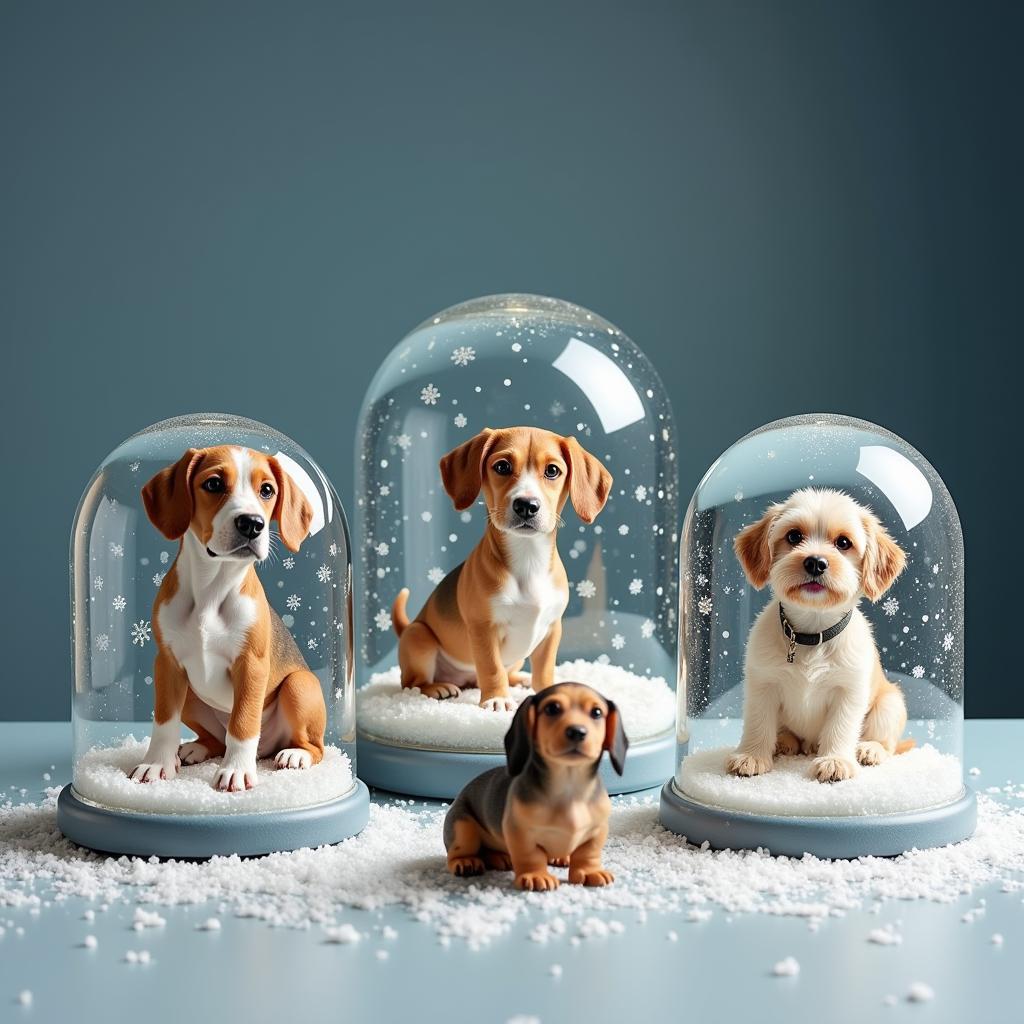 Collection of puppy snow globes featuring different dog breeds