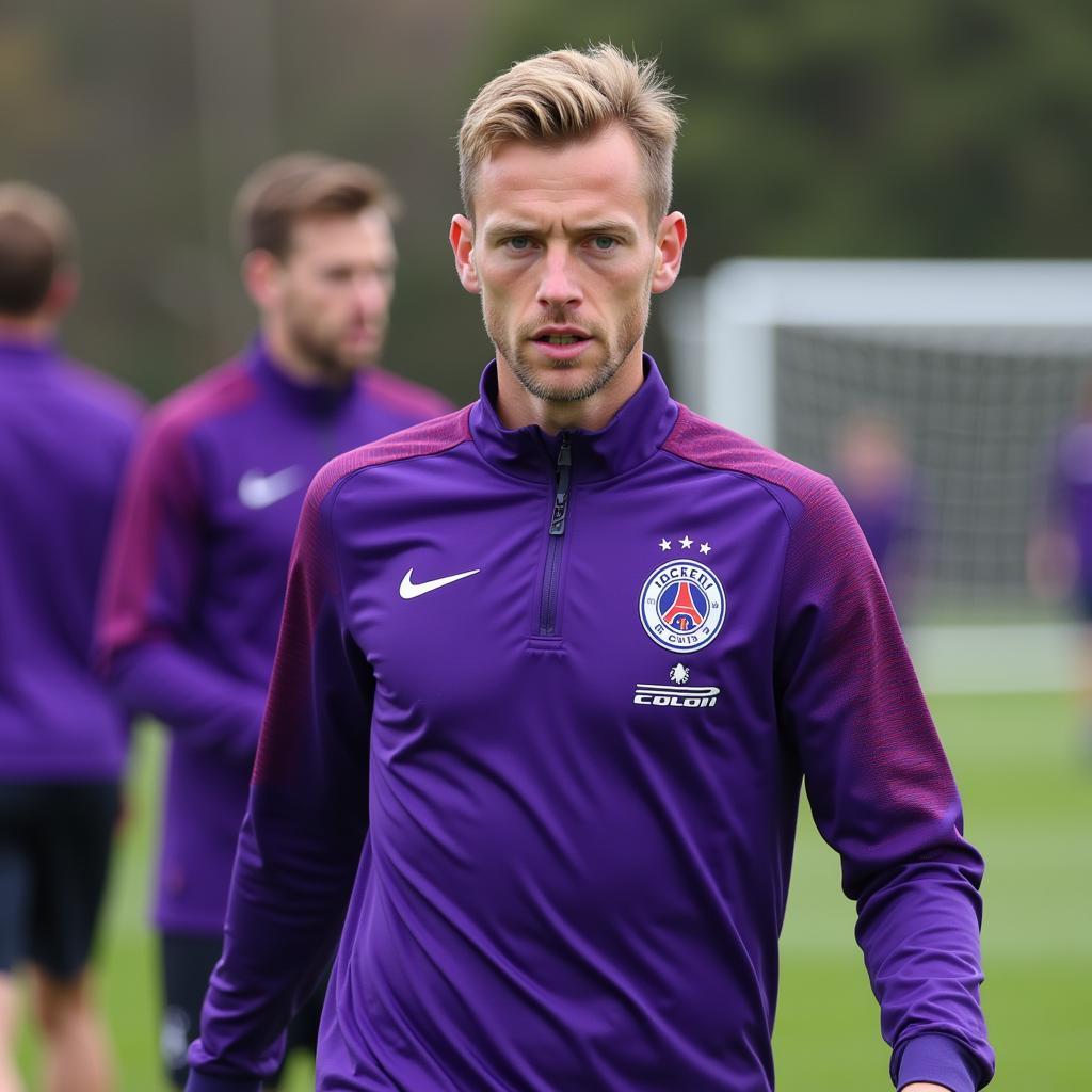 Frenkie de Jong sporting a purple practice jersey during an intense training session