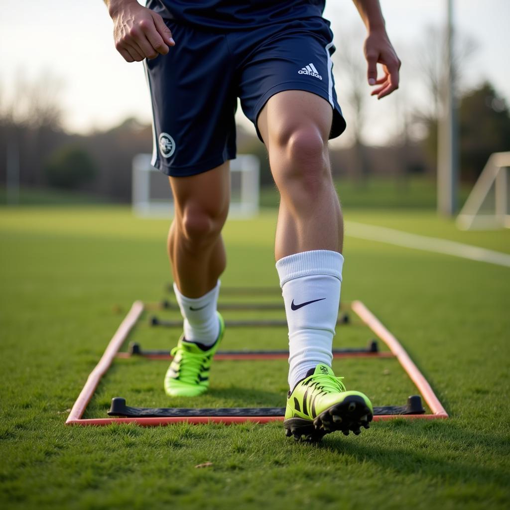 Footballer practicing quick feet drills