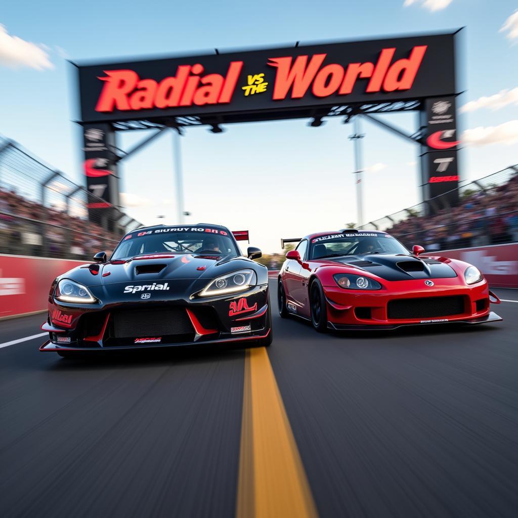 Cars racing towards the finish line at Radial vs the World