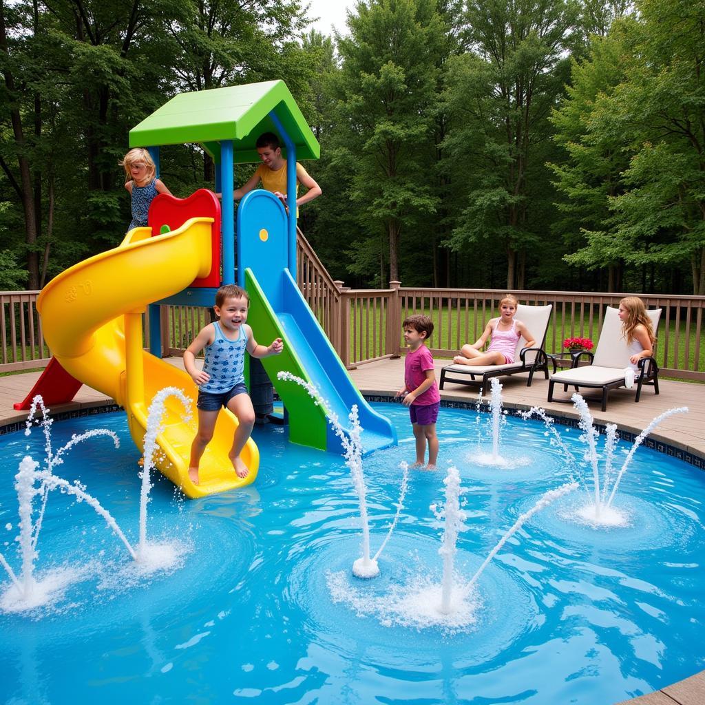 Family enjoying a rain deck splash pad kit with slide and sprinklers