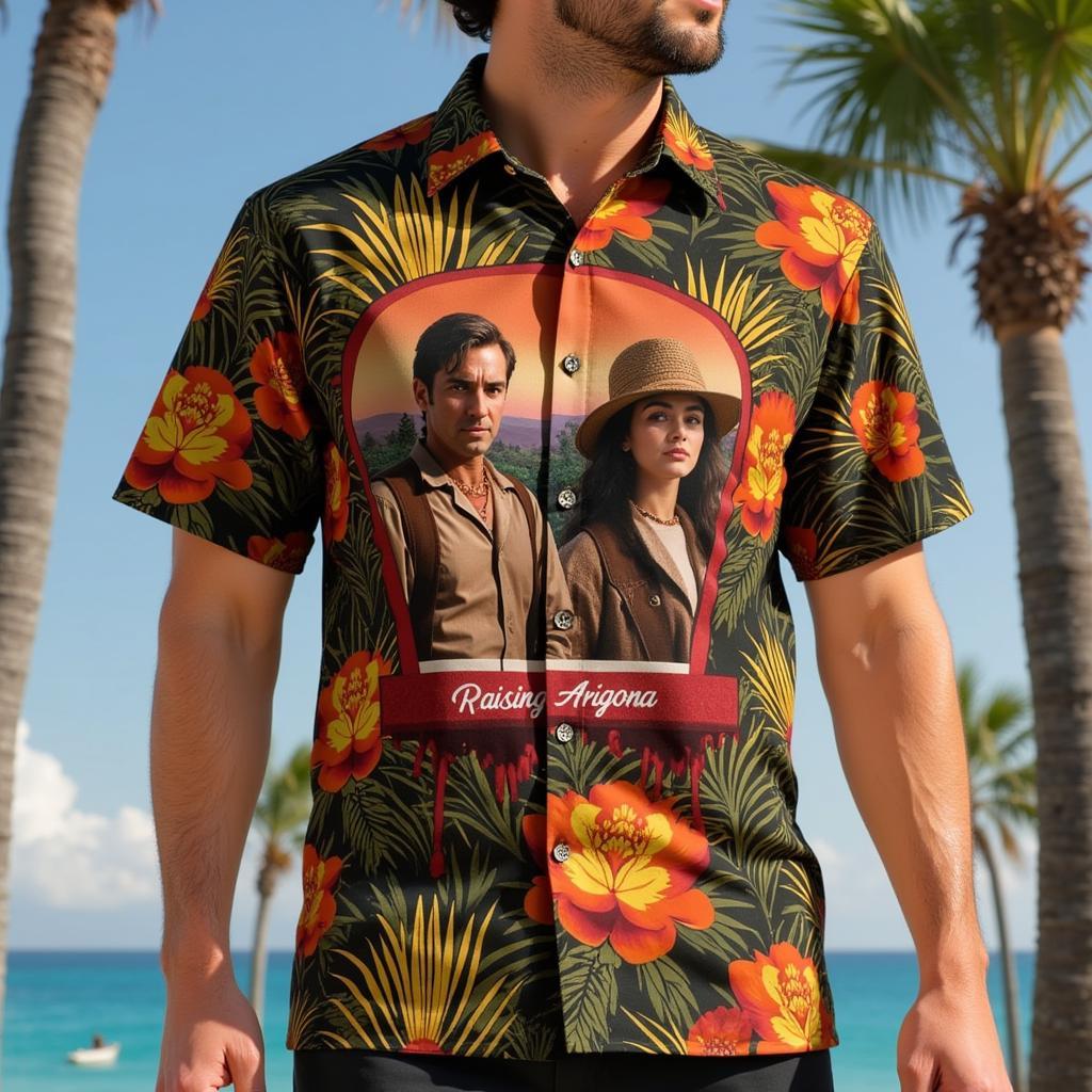 Raising Arizona Hawaiian shirt design featuring Nicolas Cage and iconic imagery