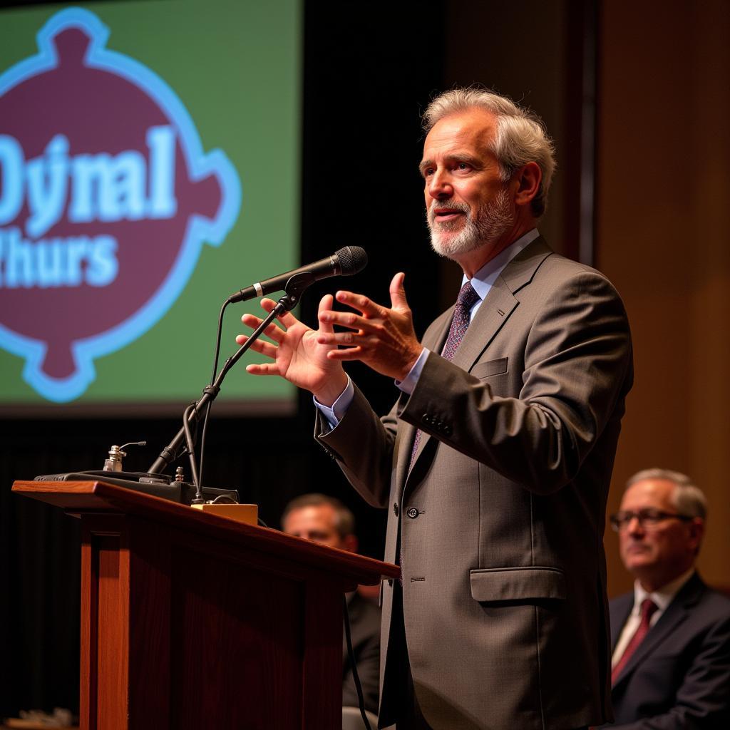 Ralph Stayer addressing a community gathering