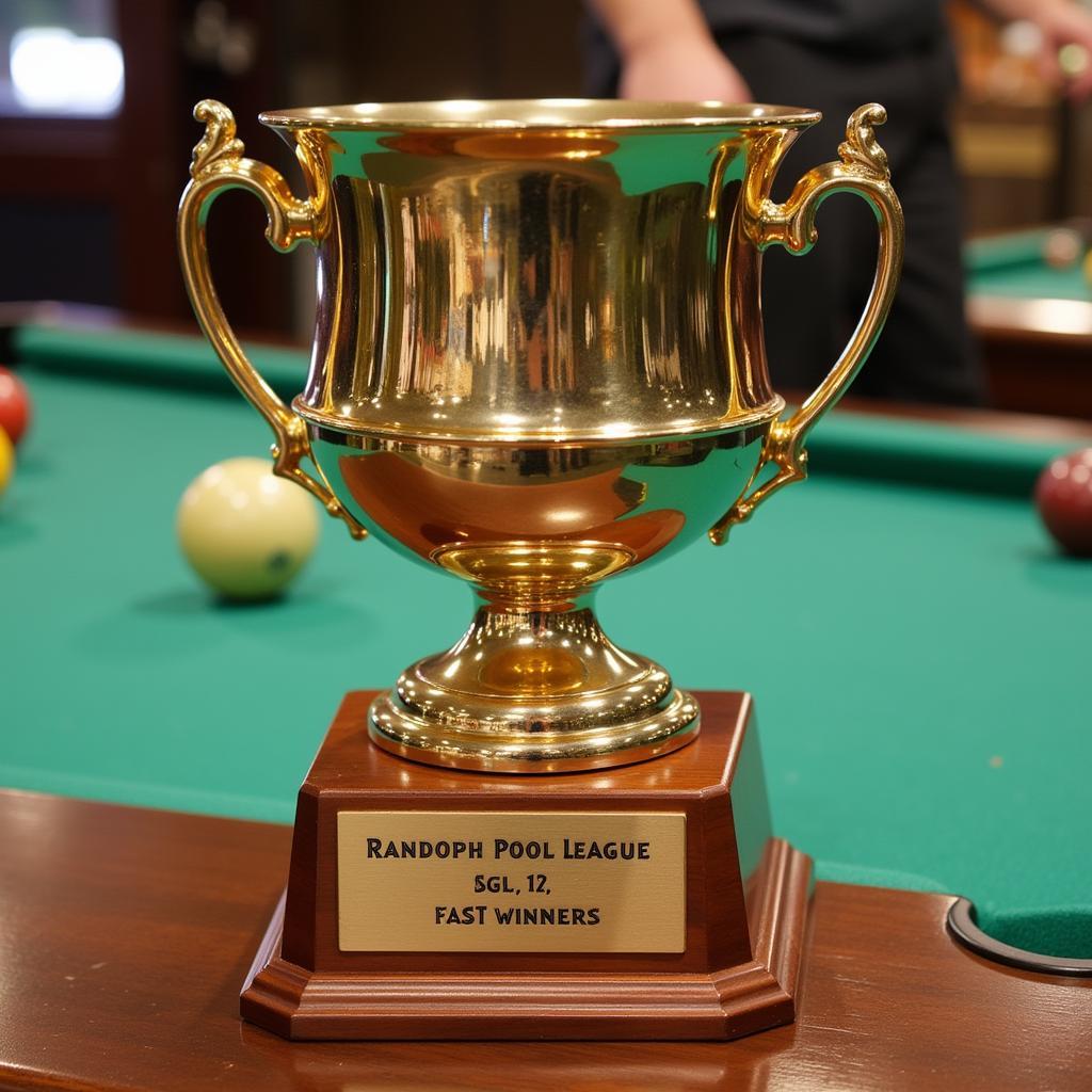 The Randolph Pool League championship trophy displayed prominently