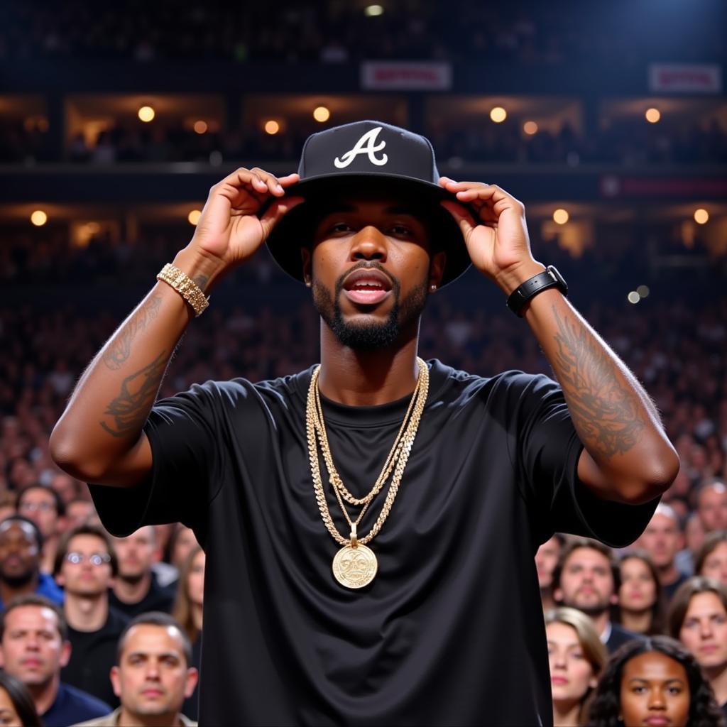 Musician sporting an upside down Braves cap