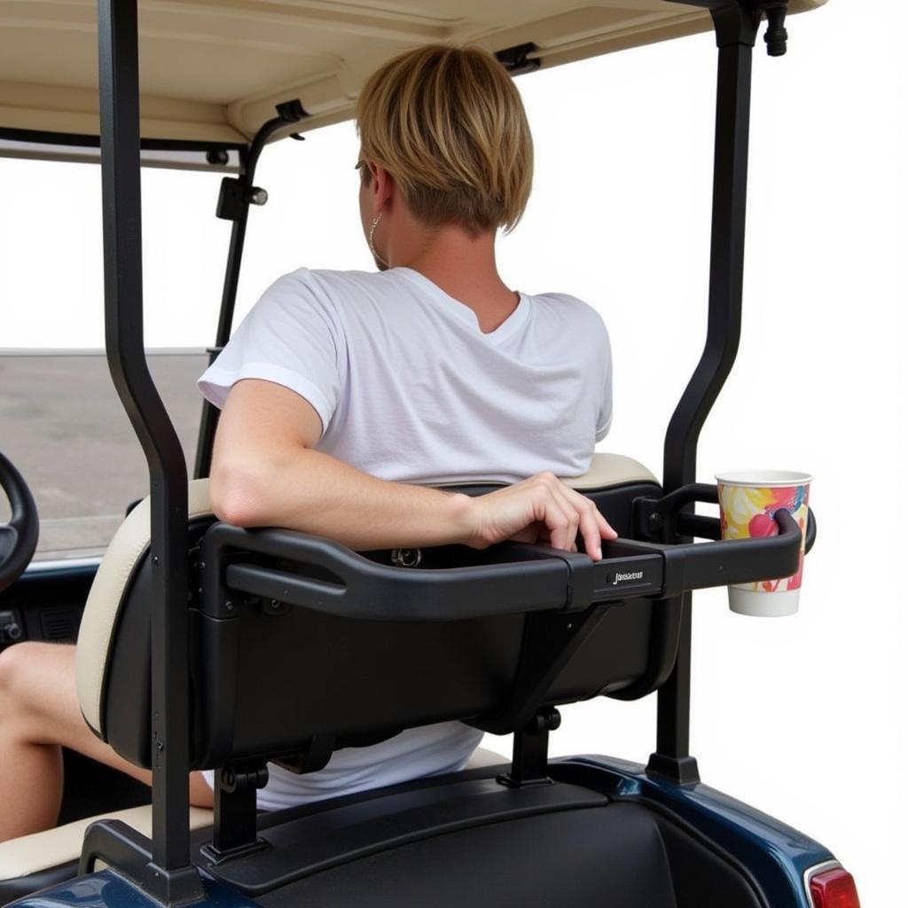 Golf cart rear seat grab bar with cup holder in action