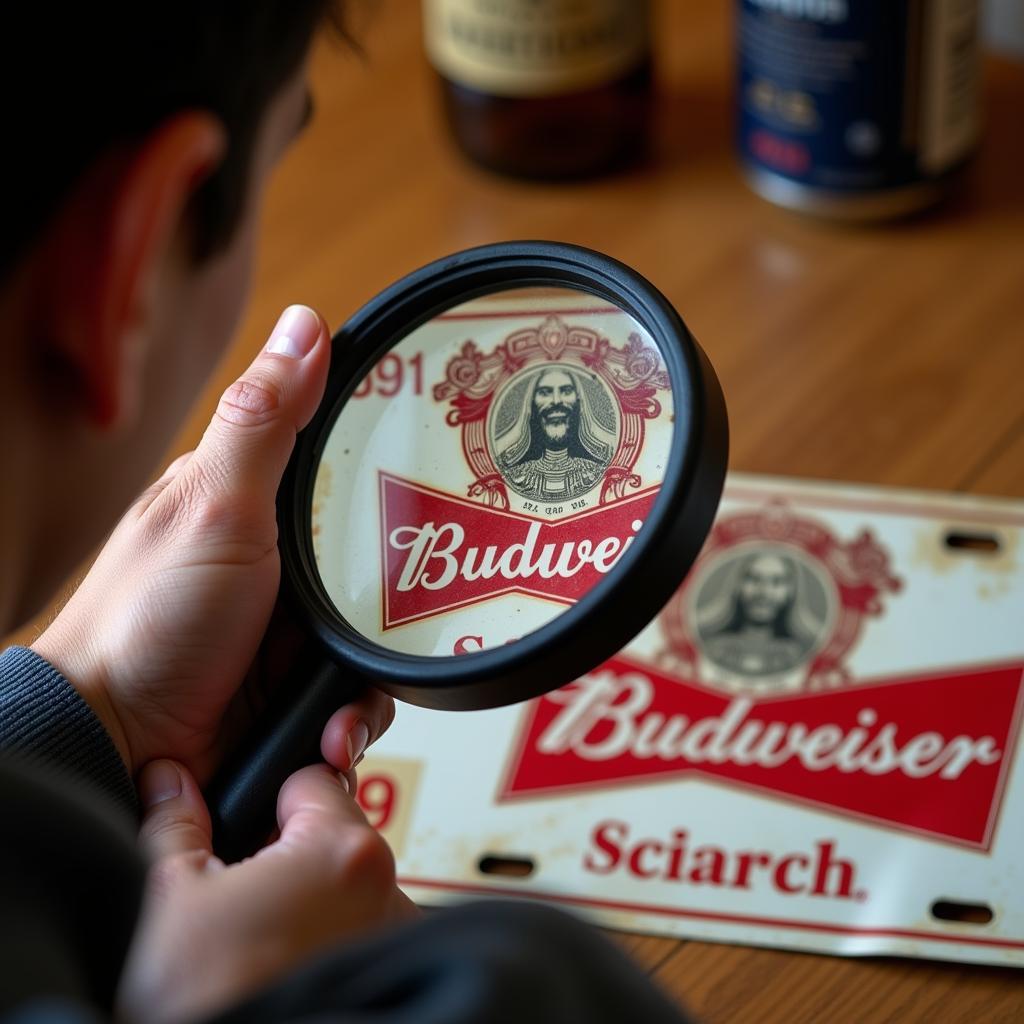 Enthusiast Examining a Rare Budweiser License Plate