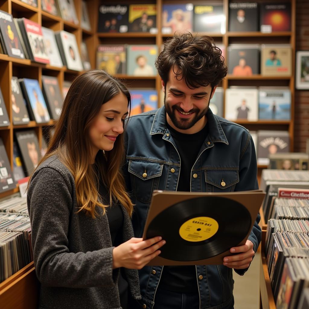 Couple laughing while looking at records