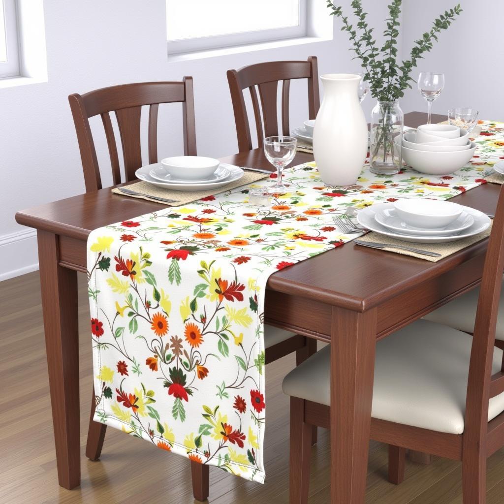 A rectangular table runner with a floral pattern draped over a wooden dining table set for a meal