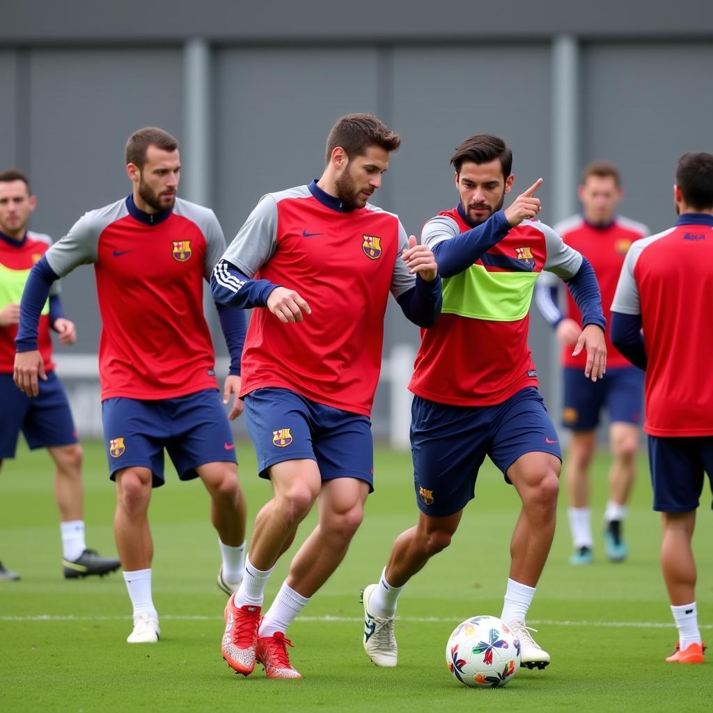 FC Barcelona players practicing red and white tiempos drills