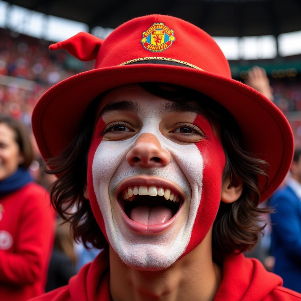 A football fan proudly wearing a red derby hat during a match.