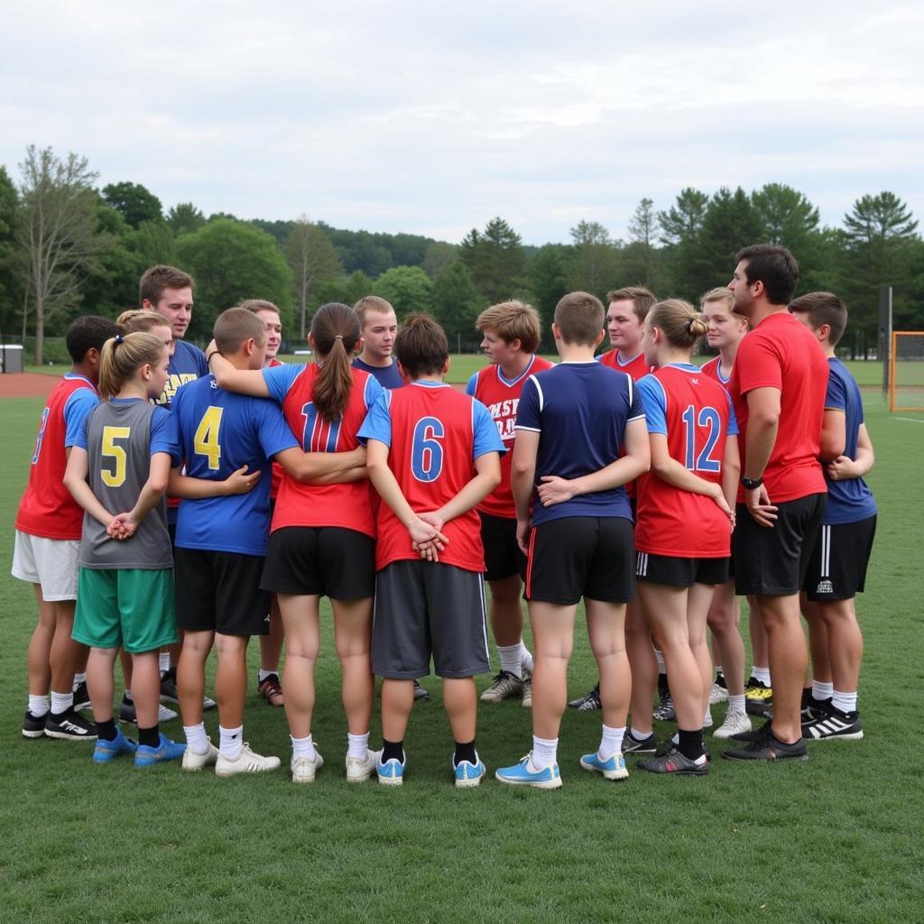 Players gather for a team huddle at Red Hots Lacrosse Camp