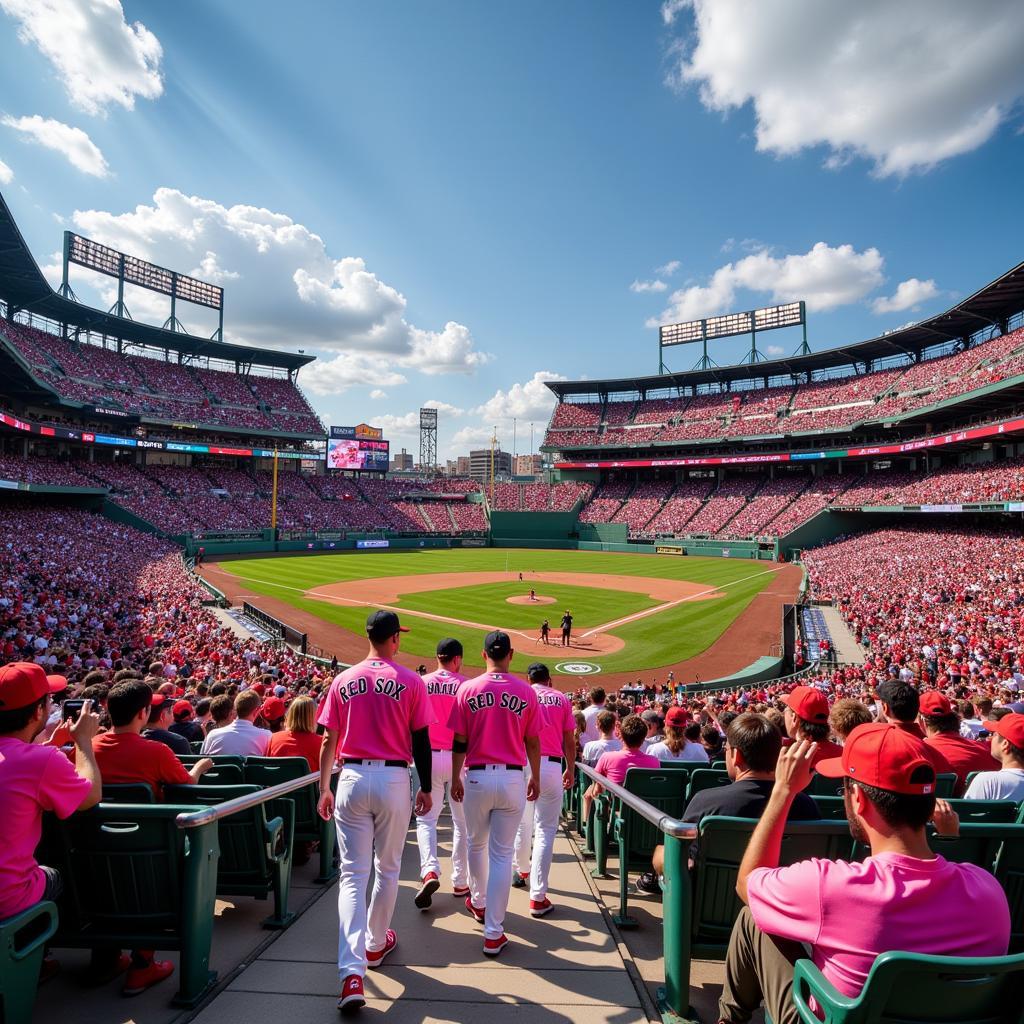 Boston Red Sox players wearing pink jerseys on the field during a game