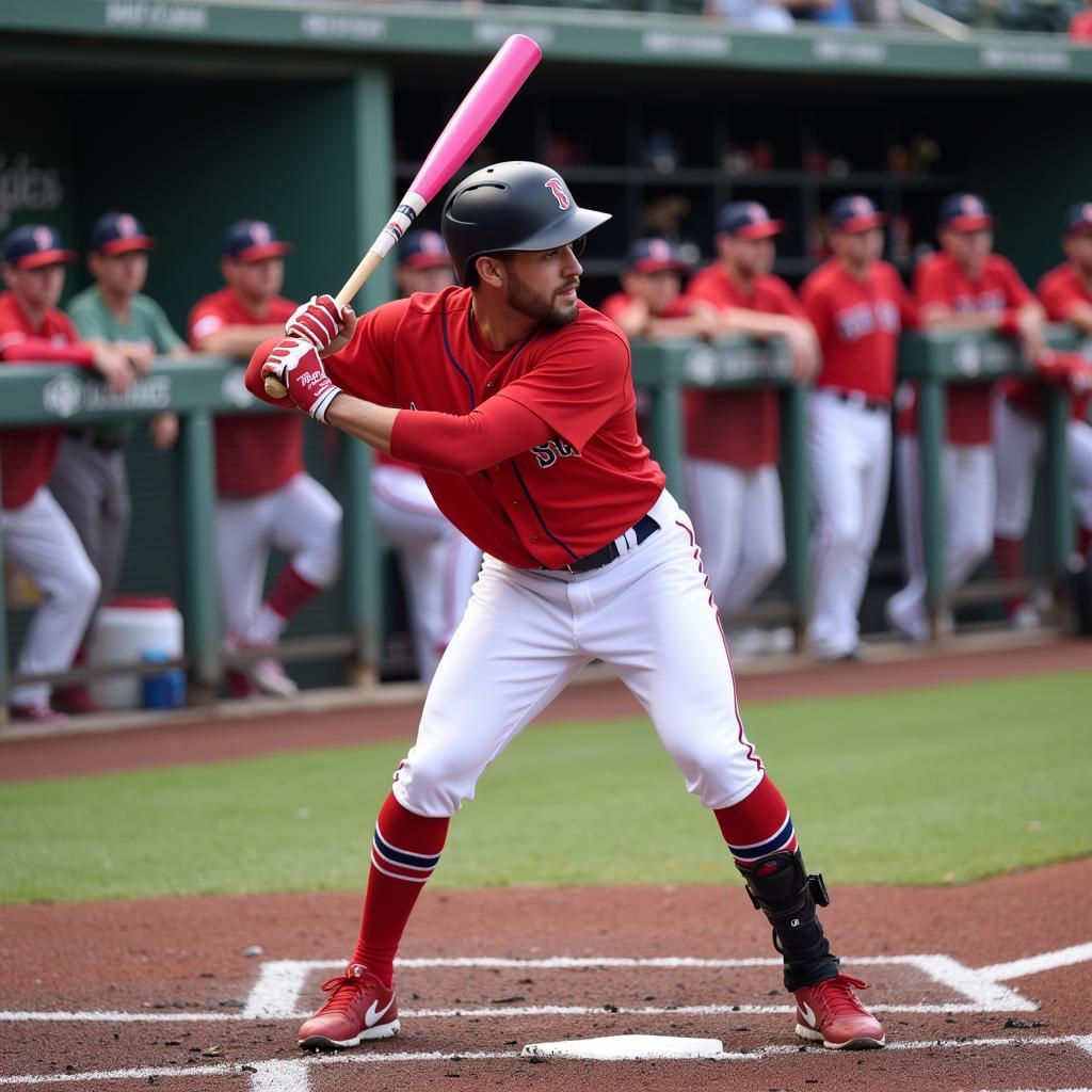 Red Sox player swinging a pink bat at home plate