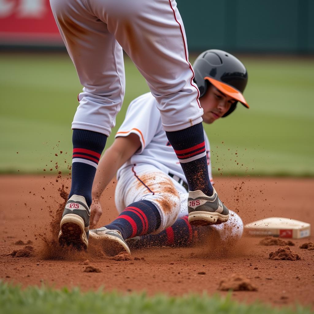 A baseball player sliding into home plate wearing red, white, and blue socks