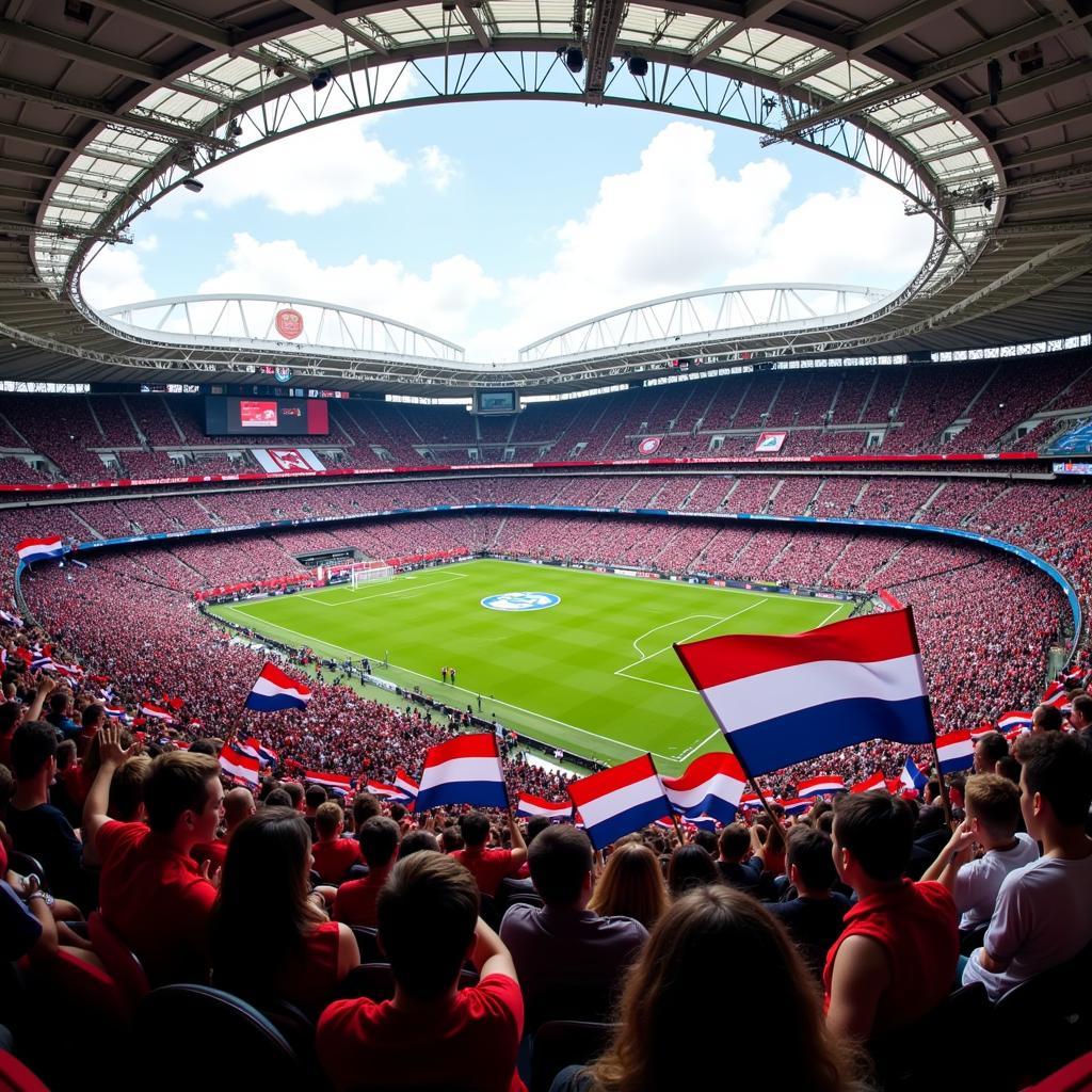 Red, White, and Blue Flags Waving in a Football Stadium