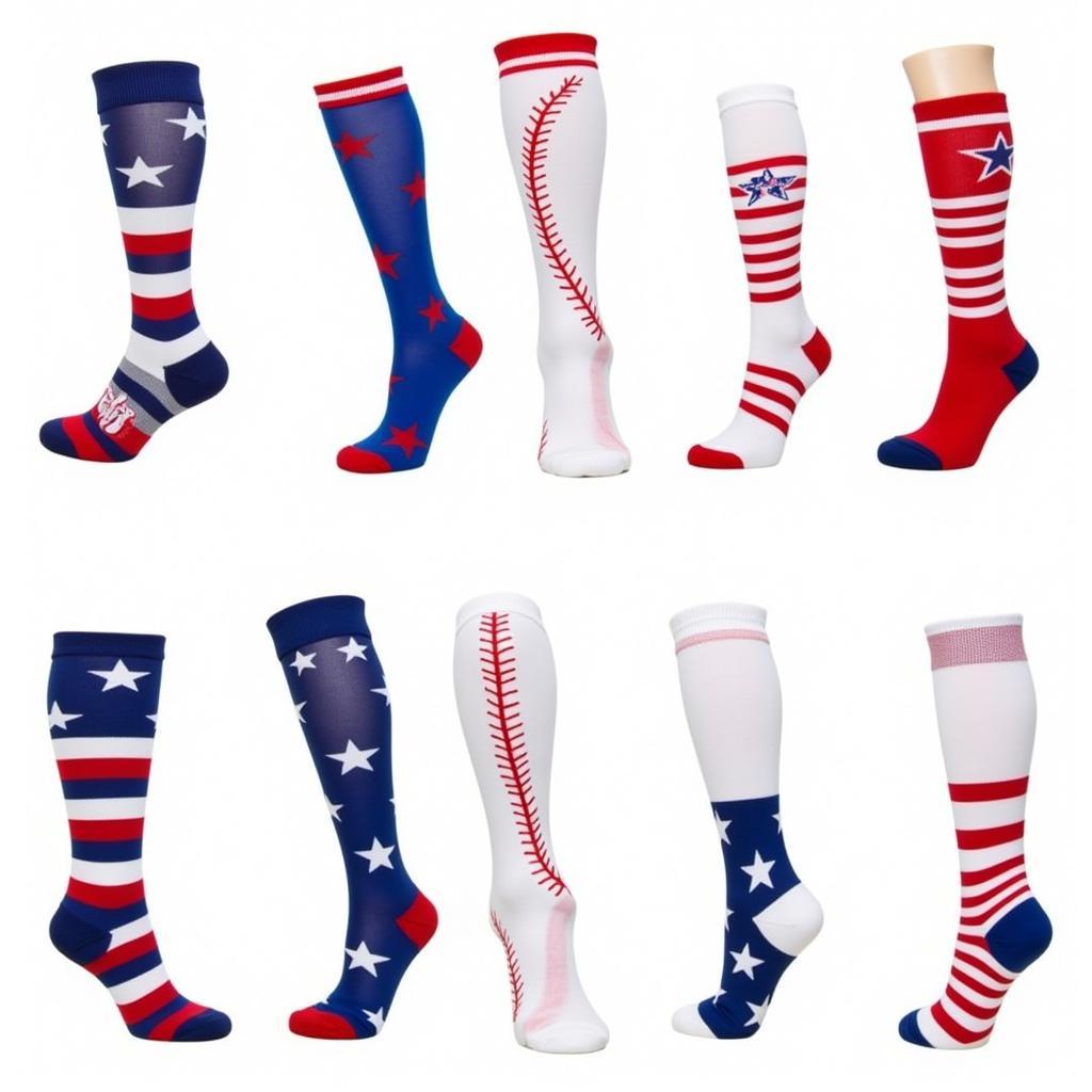 A variety of red, white, and blue softball socks