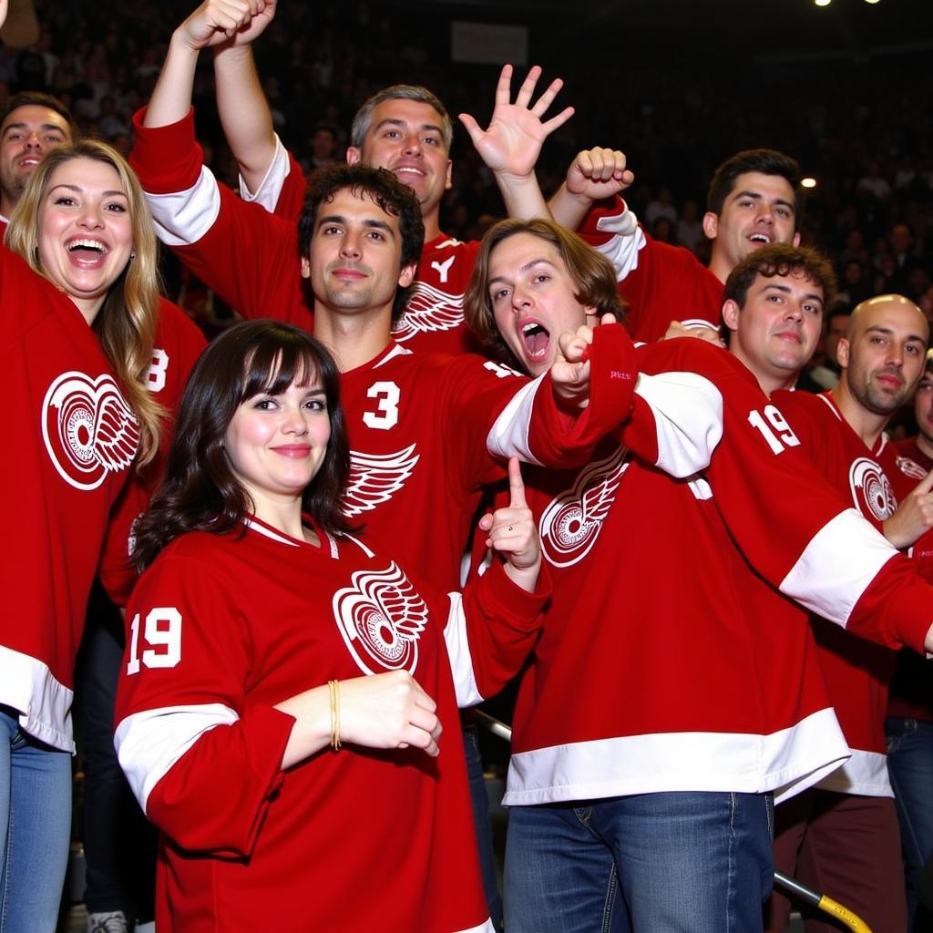 A group of Red Wings fans proudly displaying their 2009 Winter Classic jerseys.